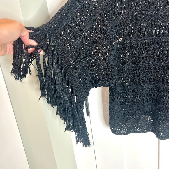 Lauren Ralph Lauren Black Crochet Open Knit Boho Tassel Dolman Sleeves Size L/XL - Picture 3 of 5
